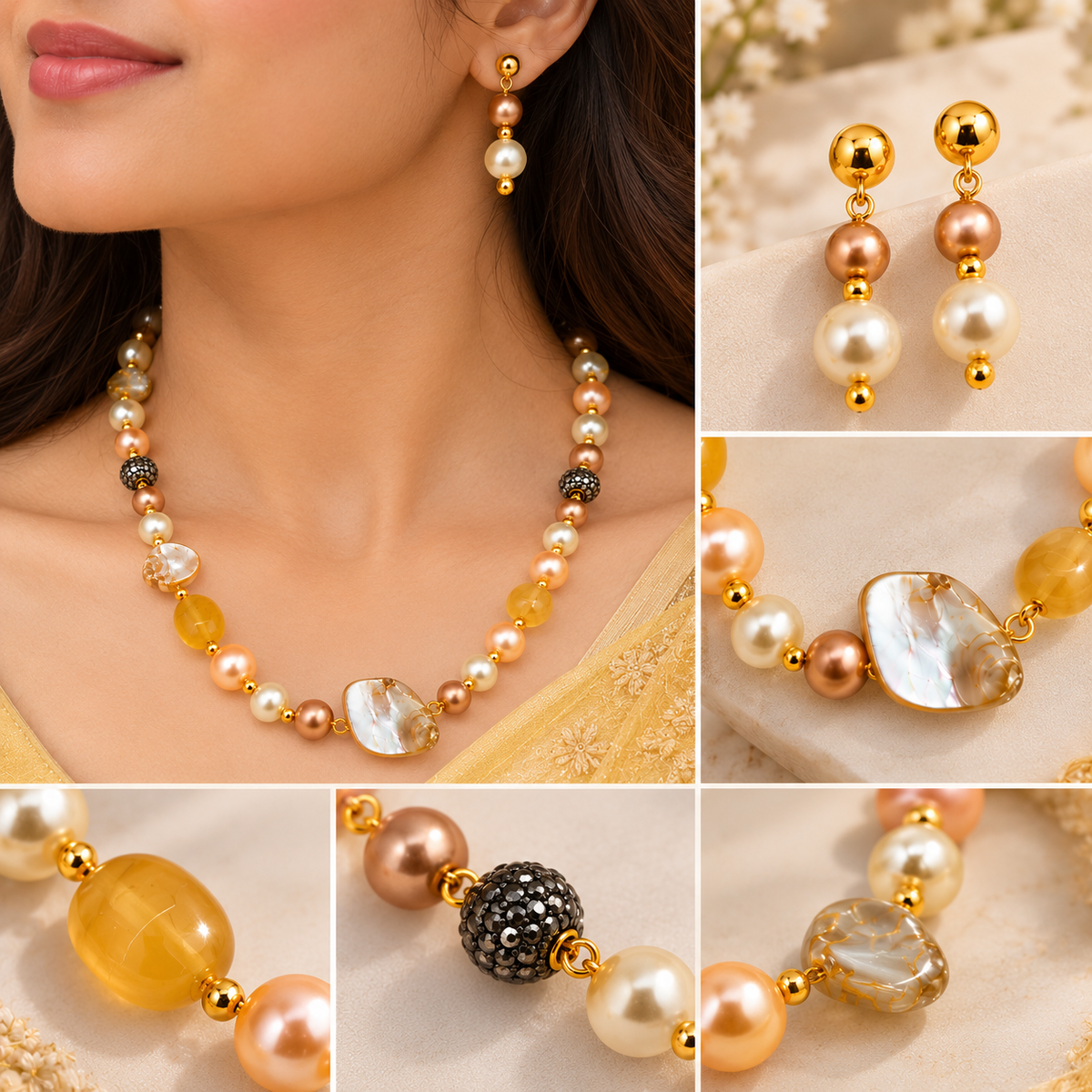 Aarvika Pearl Beaded Necklace Set with Drop Earrings, Yellow