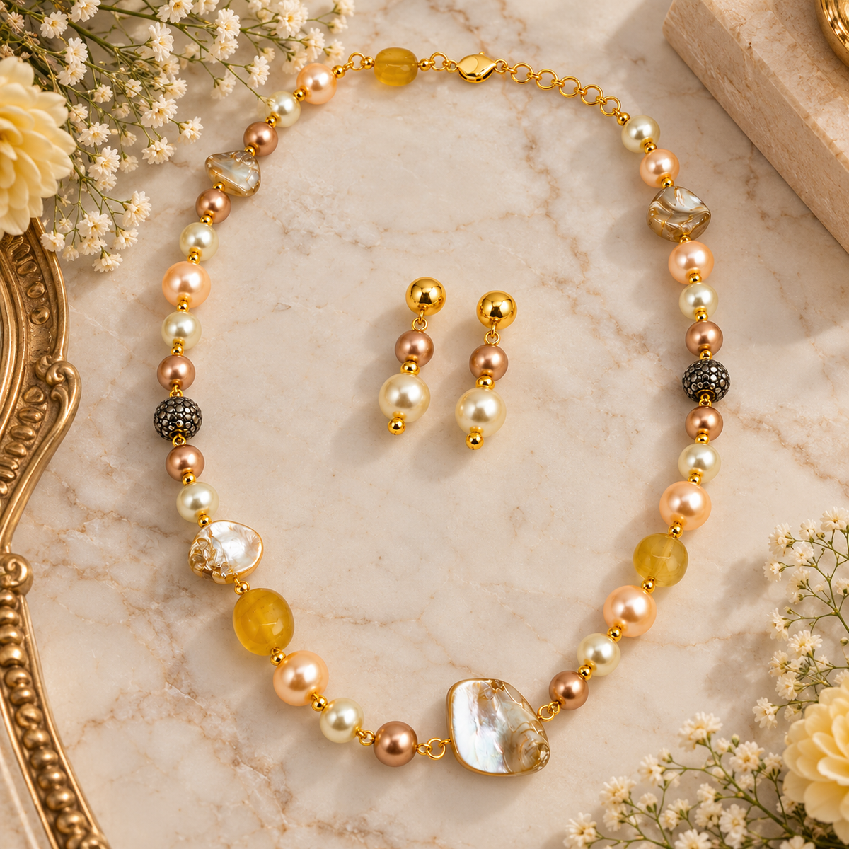 Aarvika Pearl Beaded Necklace Set with Drop Earrings, Yellow