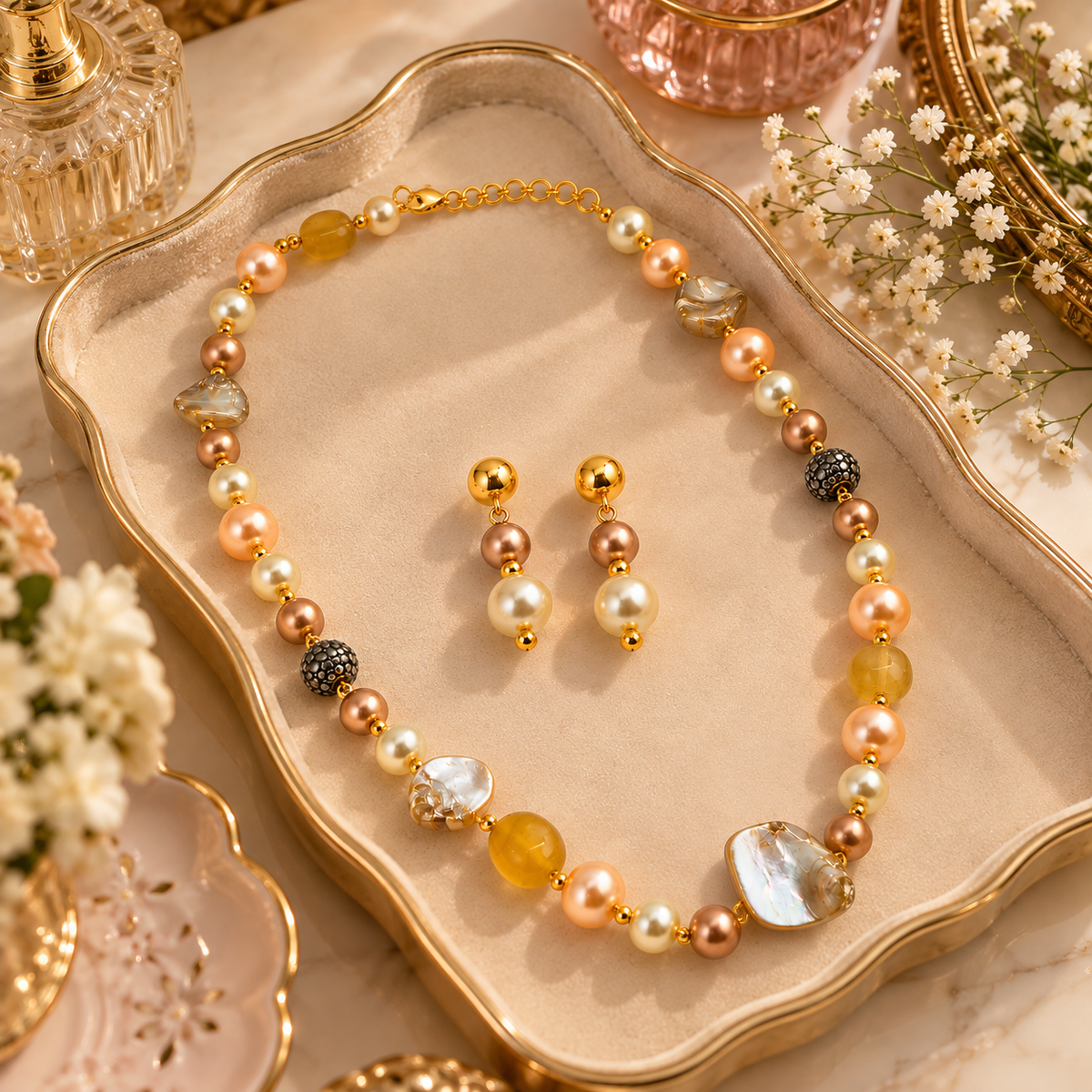 Aarvika Pearl Beaded Necklace Set with Drop Earrings, Yellow