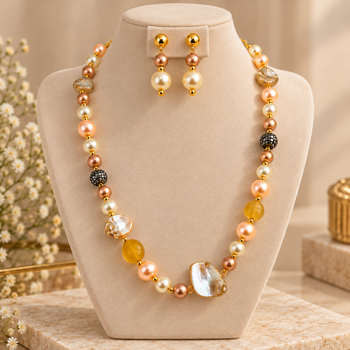 Aarvika Pearl Beaded Necklace Set with Drop Earrings, Yellow