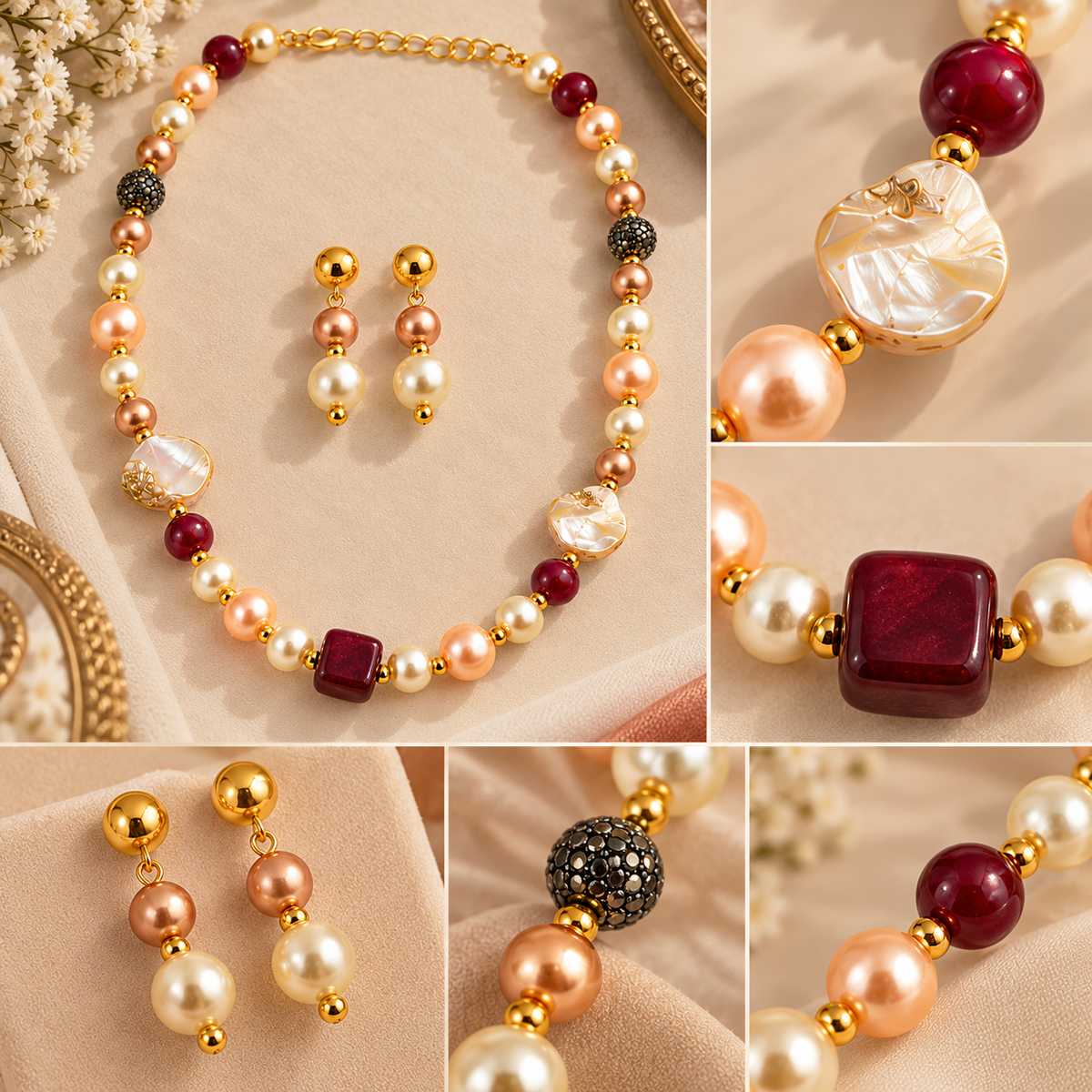 Aarvika Pearl Beaded Necklace Set with Drop Earrings, Red