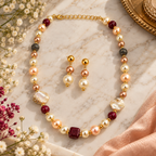 Aarvika Pearl Beaded Necklace Set with Drop Earrings, Red