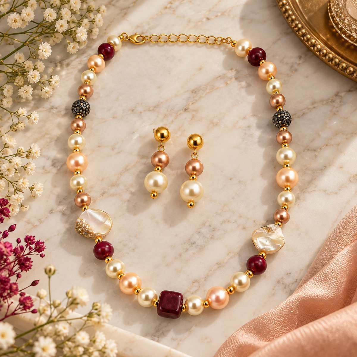 Aarvika Pearl Beaded Necklace Set with Drop Earrings, Red