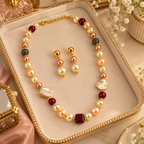 Aarvika Pearl Beaded Necklace Set with Drop Earrings, Red