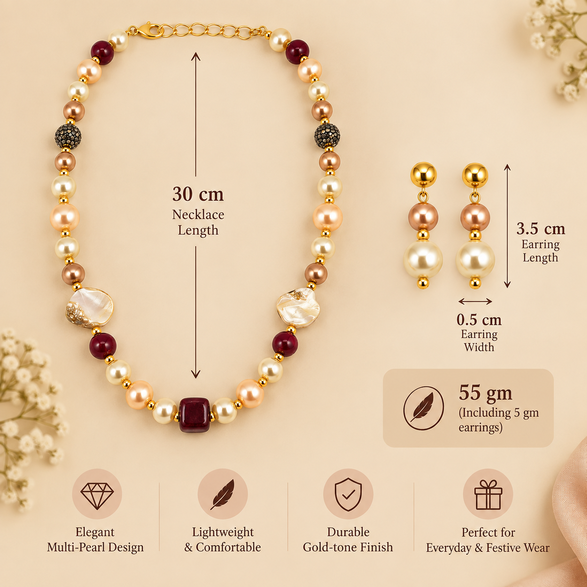 Aarvika Pearl Beaded Necklace Set with Drop Earrings, Red