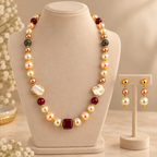 Aarvika Pearl Beaded Necklace Set with Drop Earrings, Red