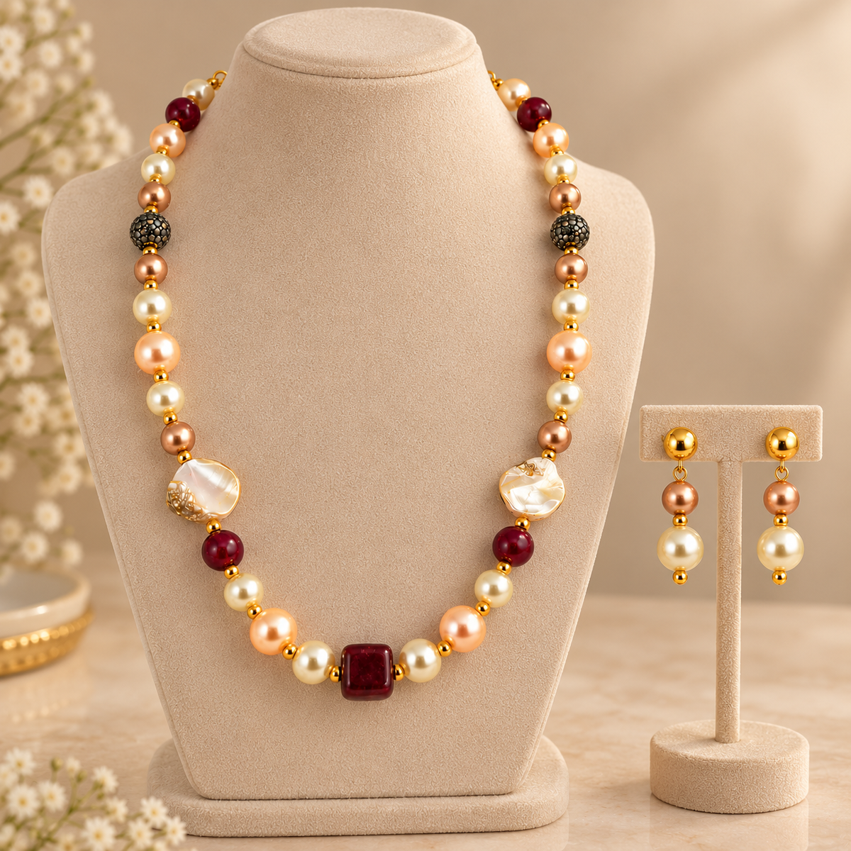 Aarvika Pearl Beaded Necklace Set with Drop Earrings, Red