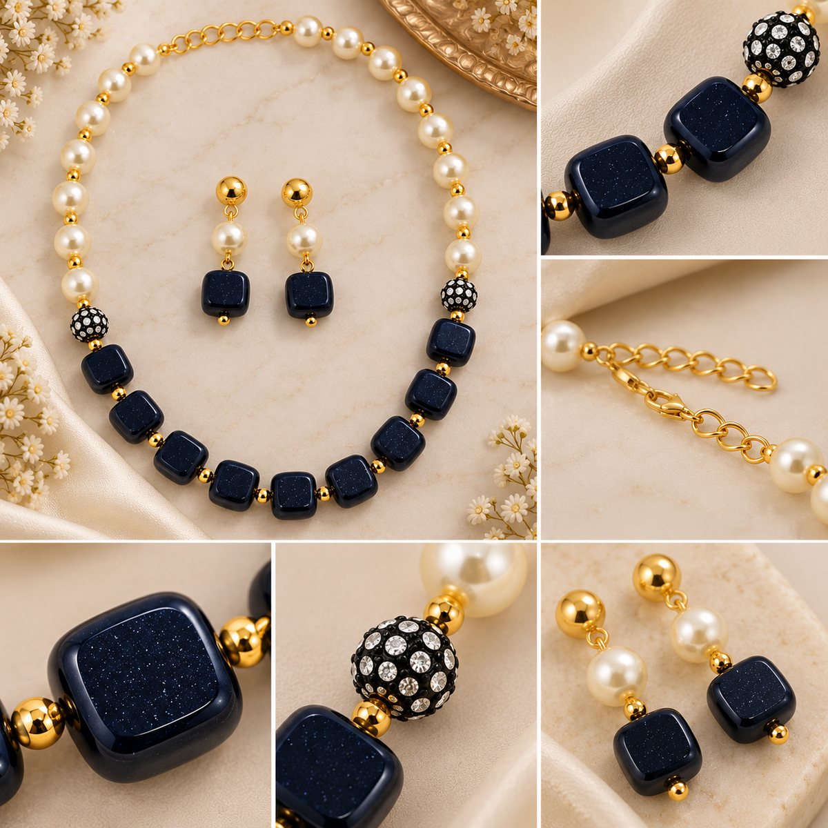 Aarvika Pearl & Statement Bead Necklace Set with Drop Earrings, Black