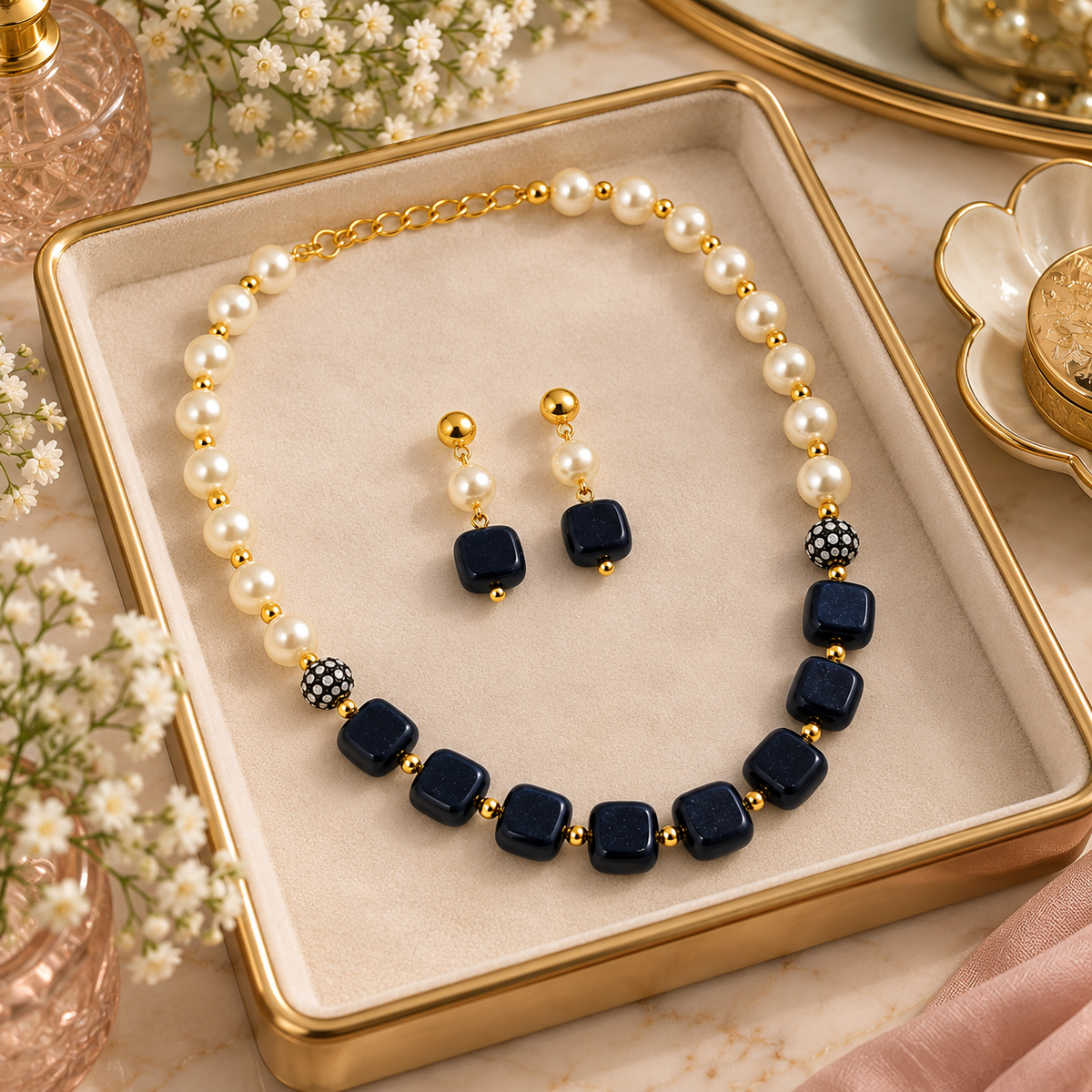 Aarvika Pearl & Statement Bead Necklace Set with Drop Earrings, Black