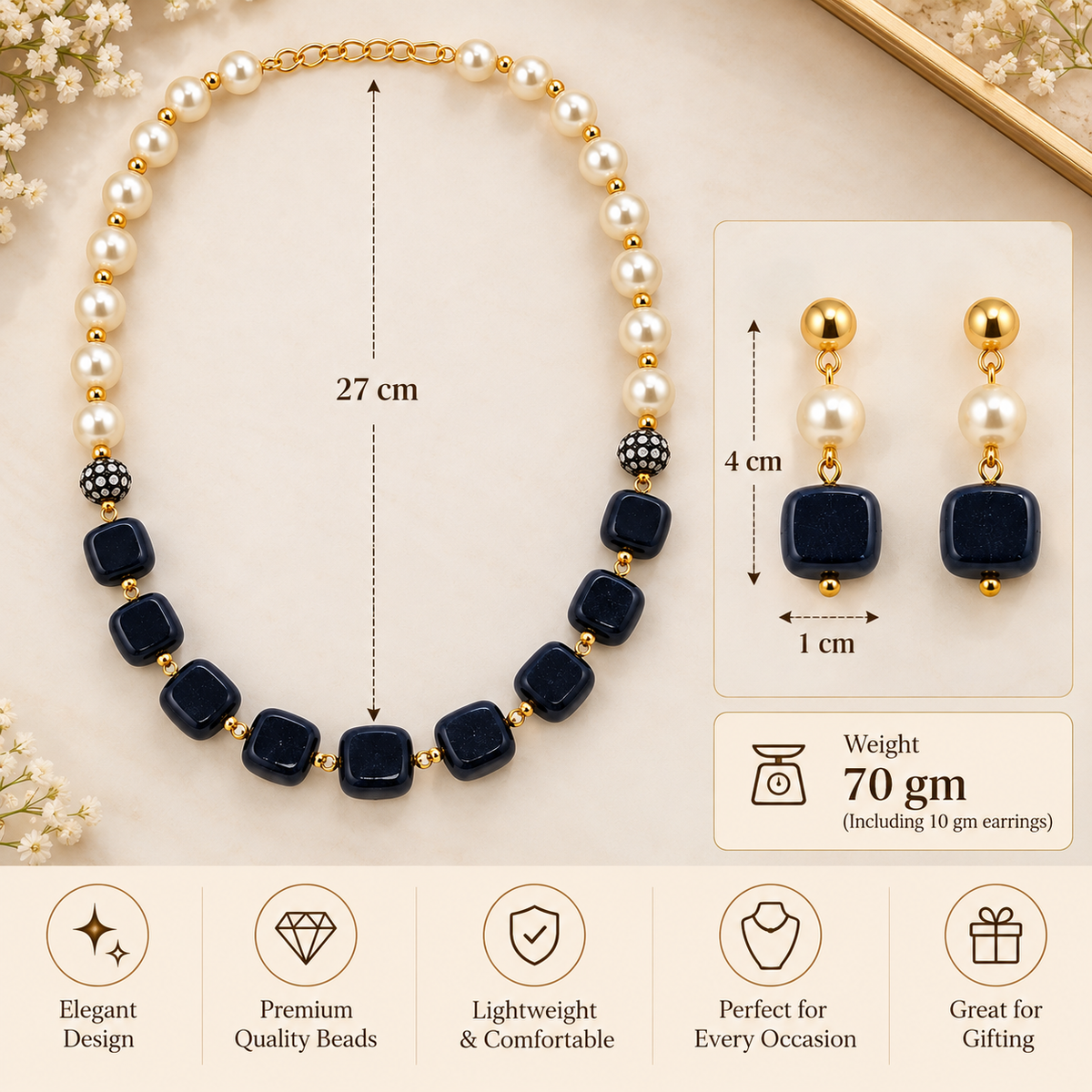 Aarvika Pearl & Statement Bead Necklace Set with Drop Earrings, Black