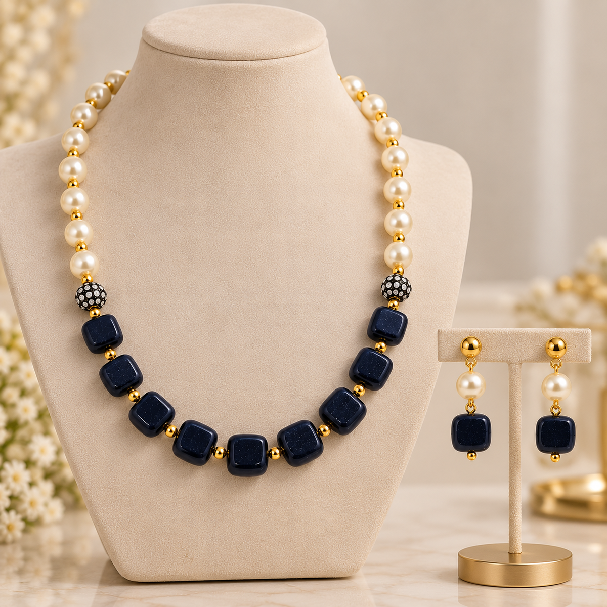 Aarvika Pearl & Statement Bead Necklace Set with Drop Earrings, Black