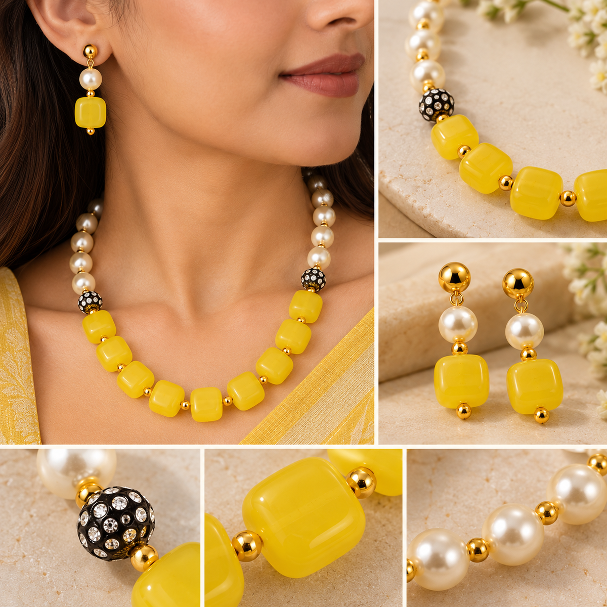 Aarvika Pearl & Statement Bead Necklace Set with Drop Earrings, Yellow
