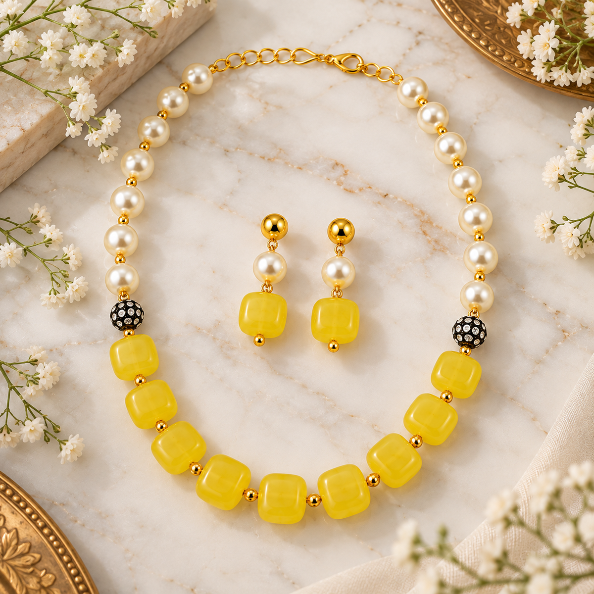 Aarvika Pearl & Statement Bead Necklace Set with Drop Earrings, Yellow