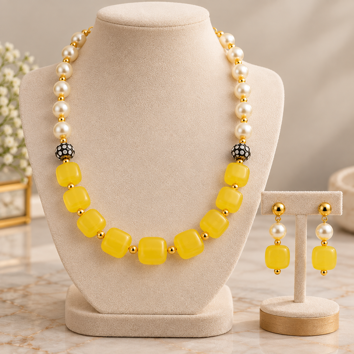 Aarvika Pearl & Statement Bead Necklace Set with Drop Earrings, Yellow