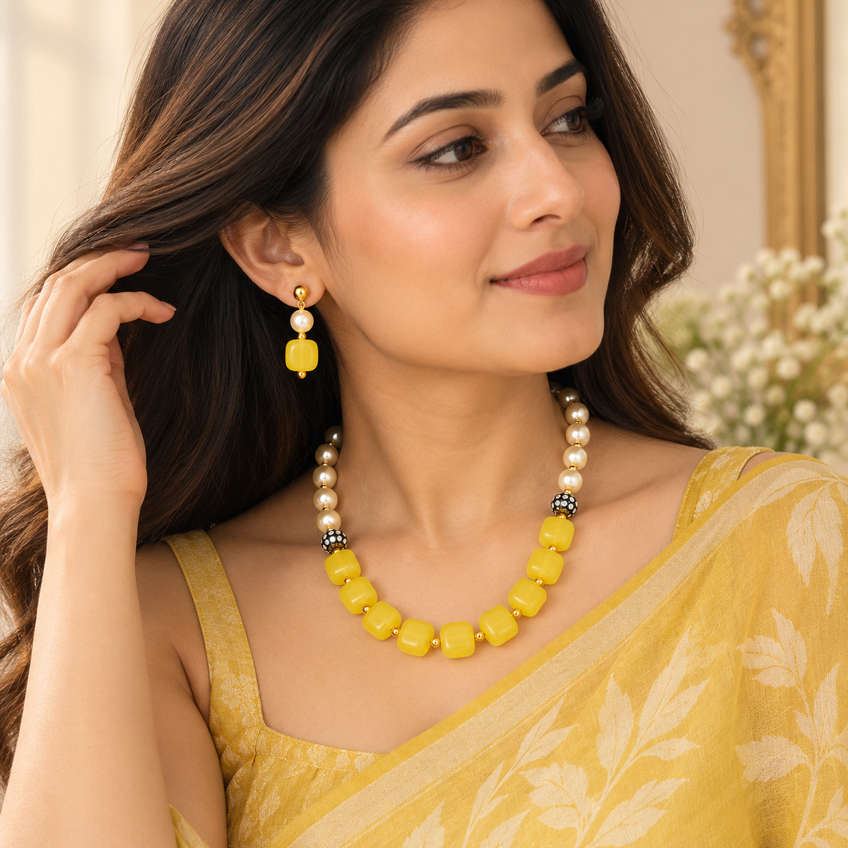 Aarvika Pearl & Statement Bead Necklace Set with Drop Earrings, Yellow