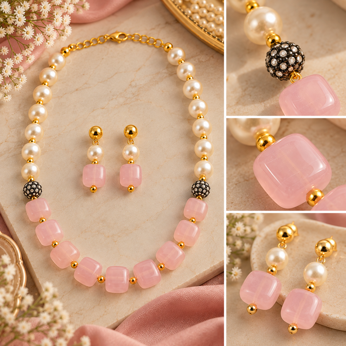 Aarvika Pearl & Statement Bead Necklace Set with Drop Earrings, Pink