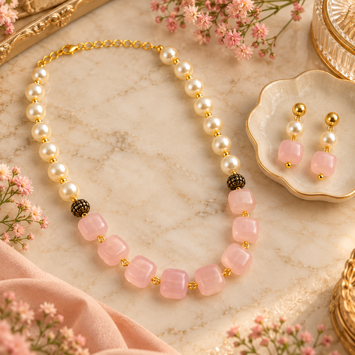Aarvika Pearl & Statement Bead Necklace Set with Drop Earrings, Pink
