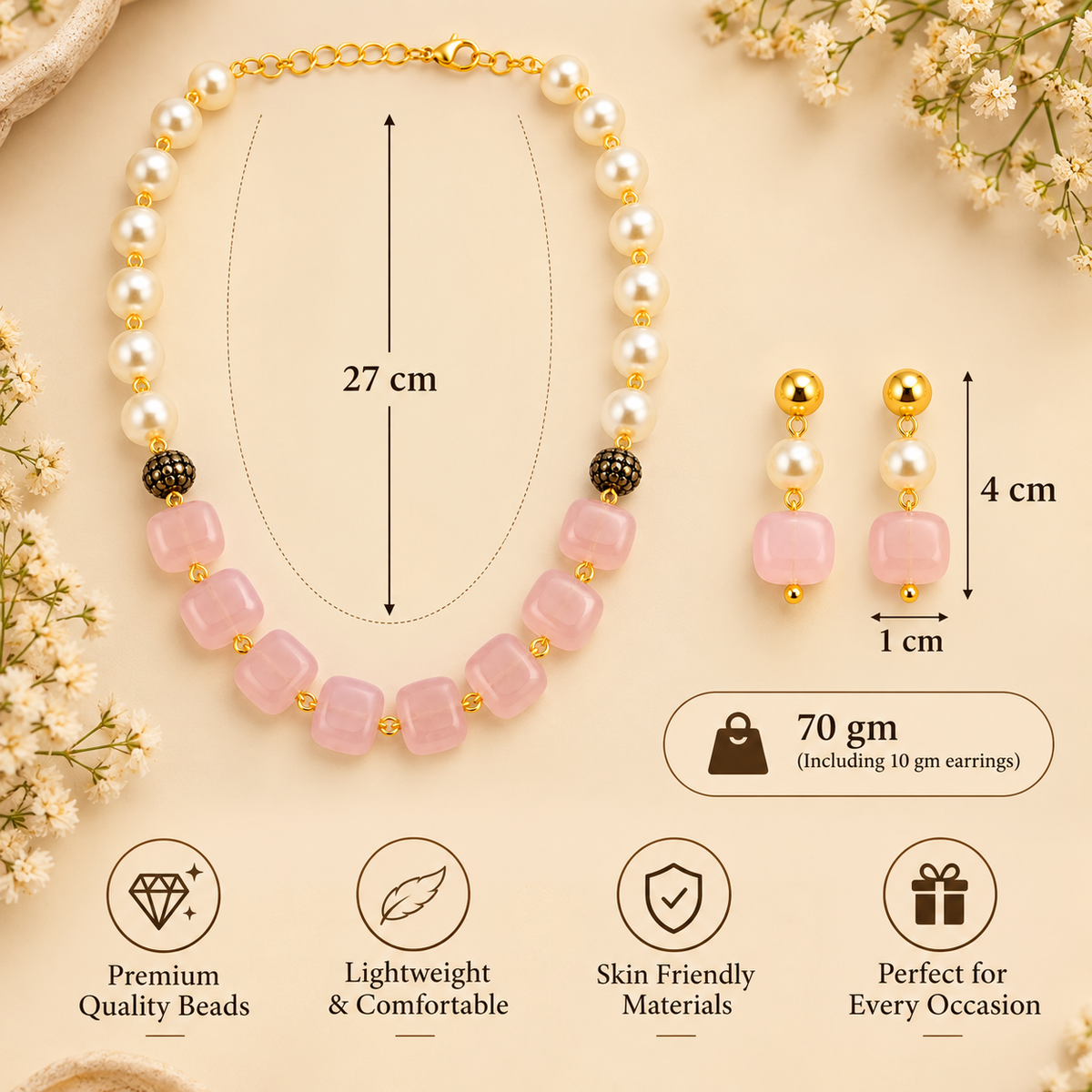 Aarvika Pearl & Statement Bead Necklace Set with Drop Earrings, Pink