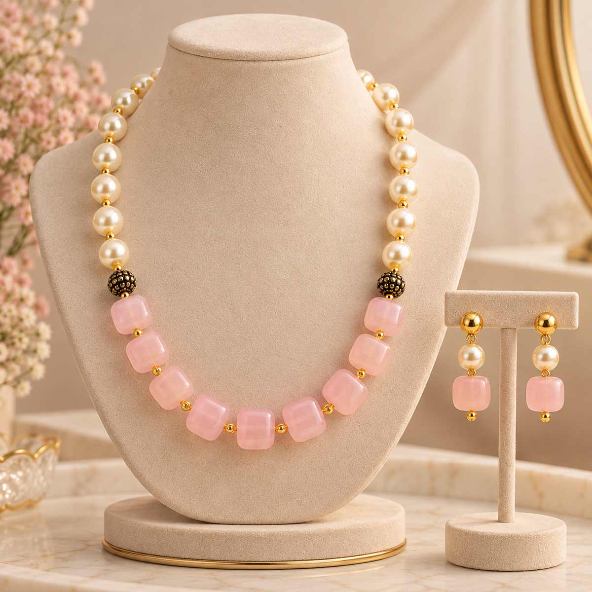 Aarvika Pearl & Statement Bead Necklace Set with Drop Earrings, Pink