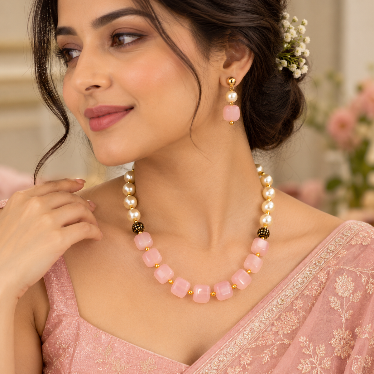 Aarvika Pearl & Statement Bead Necklace Set with Drop Earrings, Pink