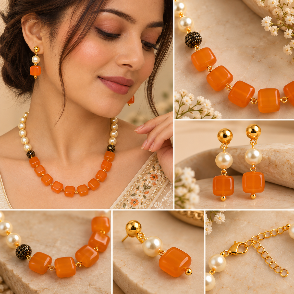 Aarvika Pearl & Statement Bead Necklace Set with Drop Earrings, Orange