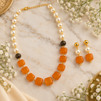 Aarvika Pearl & Statement Bead Necklace Set with Drop Earrings, Orange