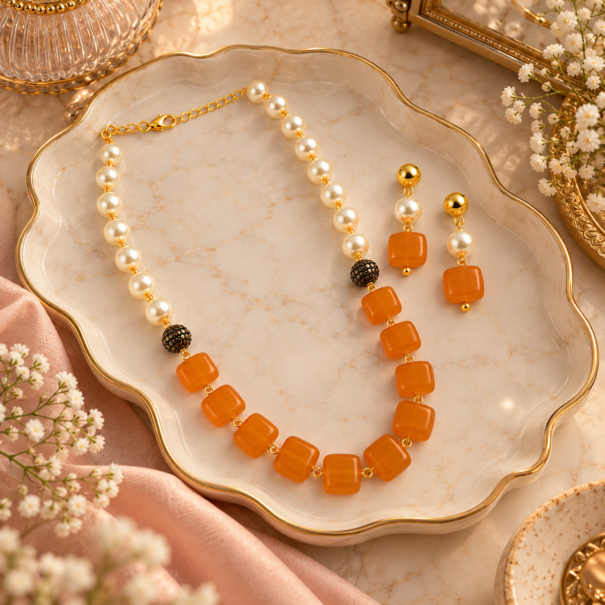 Aarvika Pearl & Statement Bead Necklace Set with Drop Earrings, Orange