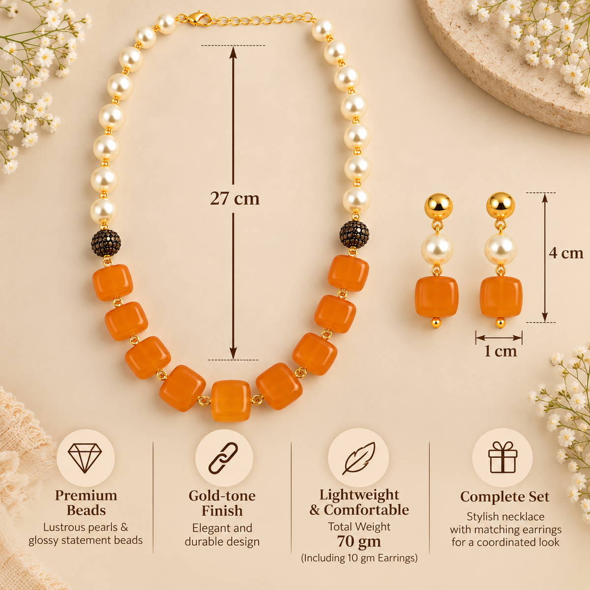 Aarvika Pearl & Statement Bead Necklace Set with Drop Earrings, Orange