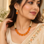 Aarvika Pearl & Statement Bead Necklace Set with Drop Earrings, Orange