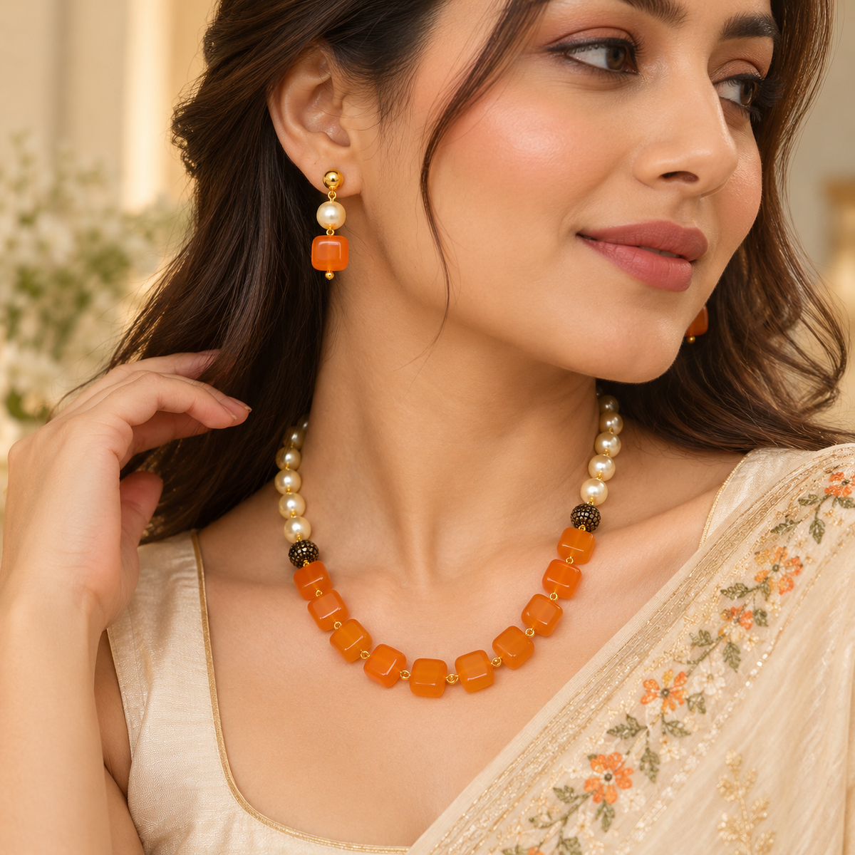 Aarvika Pearl & Statement Bead Necklace Set with Drop Earrings, Orange
