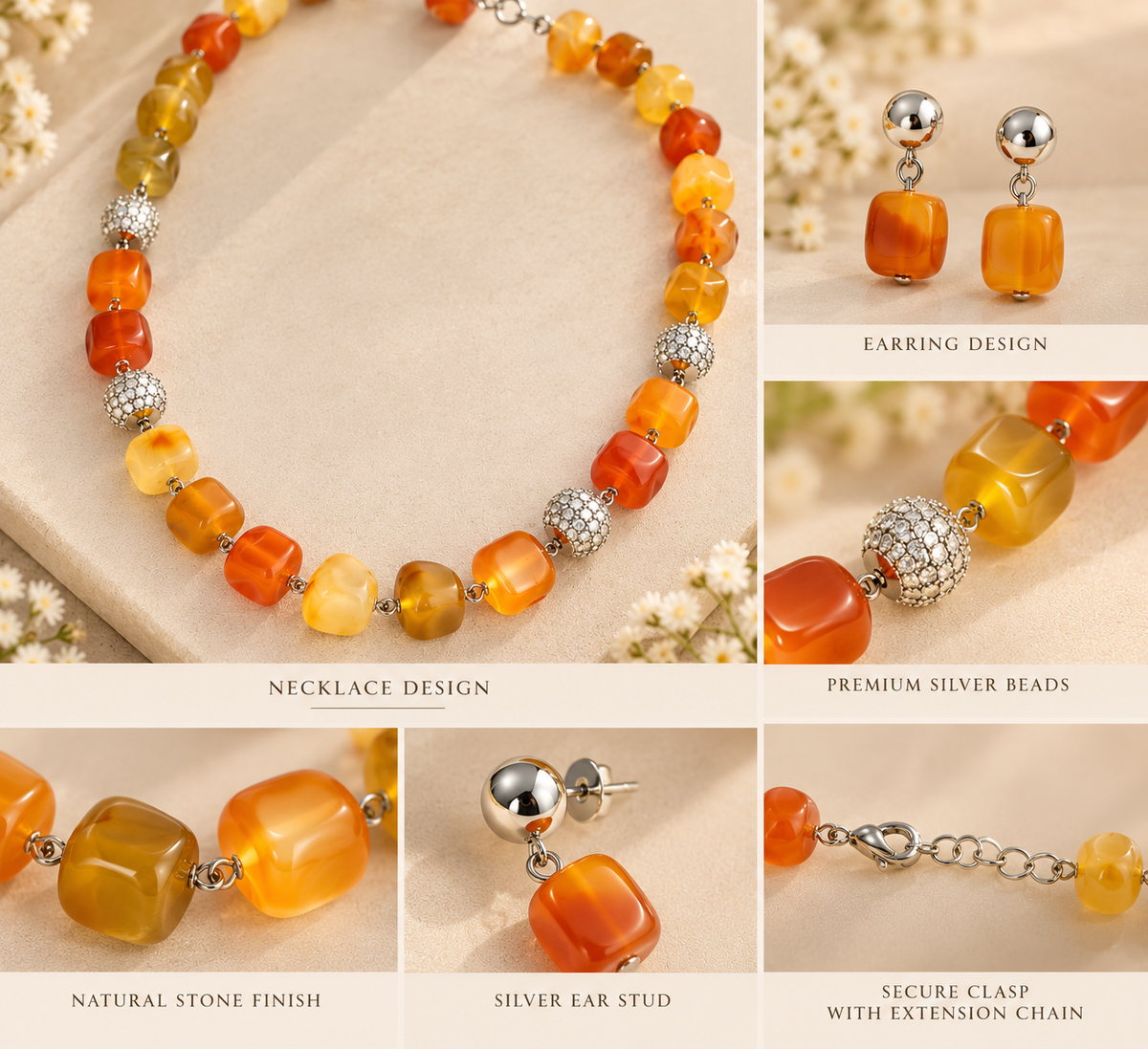 Aarvika Beaded Necklace Set with Drop Earrings, Orange