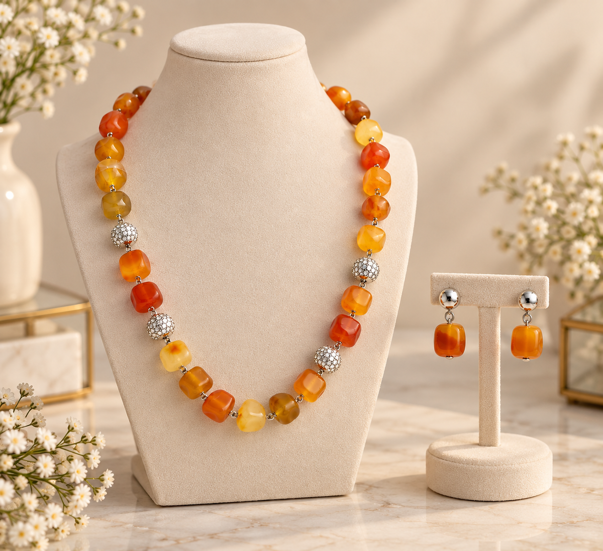 Aarvika Beaded Necklace Set with Drop Earrings, Orange