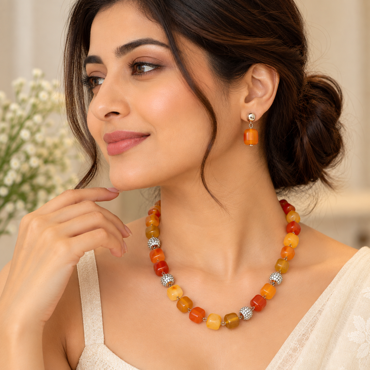 Aarvika Beaded Necklace Set with Drop Earrings, Orange