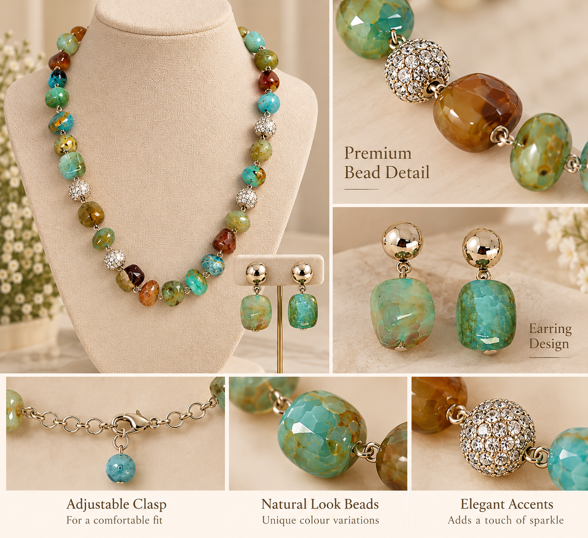 Aarvika Beaded Necklace Set with Drop Earrings, Sea Green