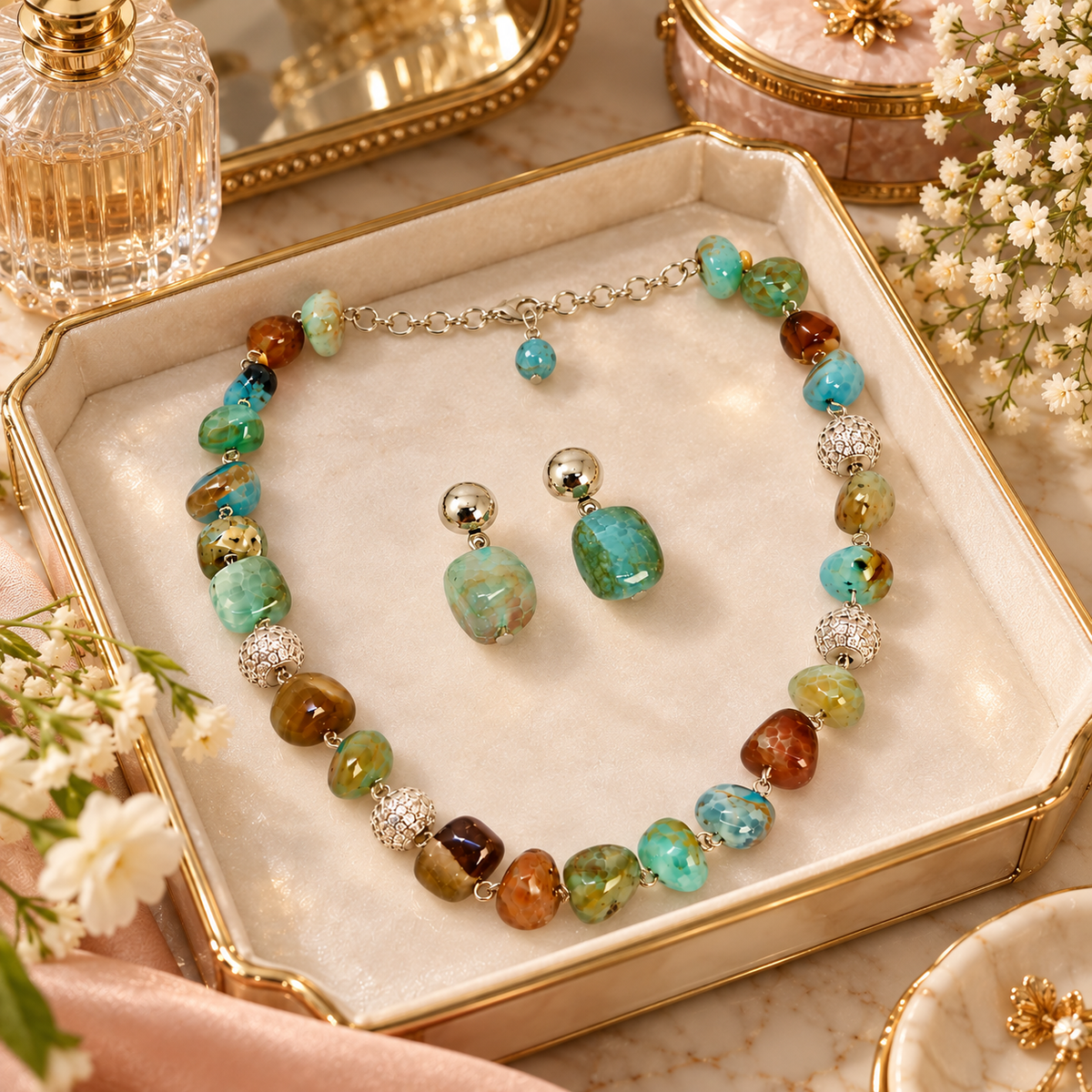 Aarvika Beaded Necklace Set with Drop Earrings, Sea Green