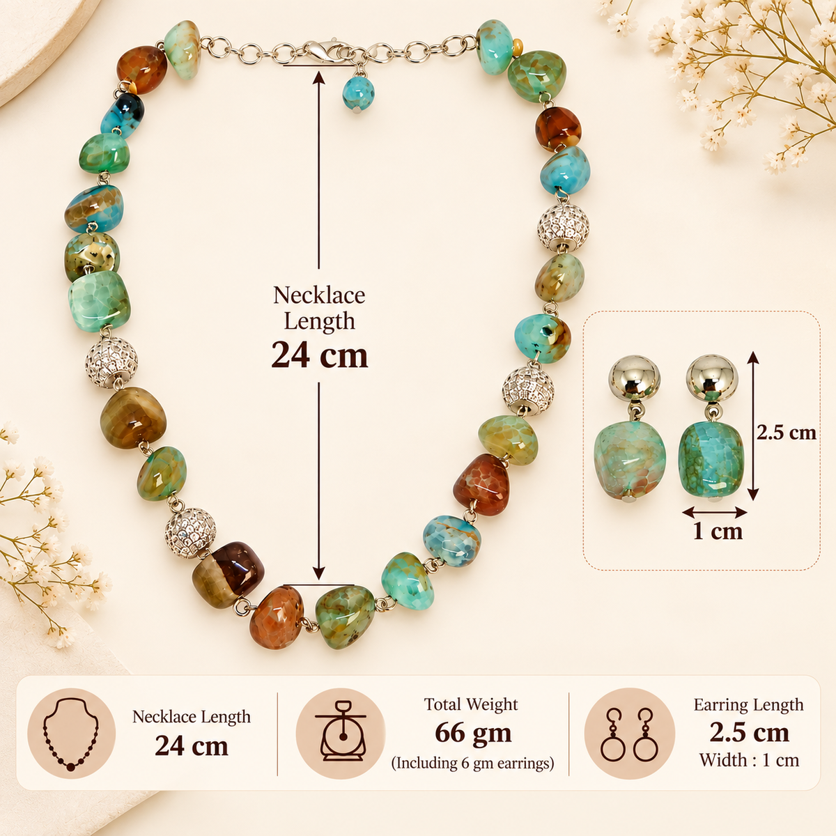 Aarvika Beaded Necklace Set with Drop Earrings, Sea Green
