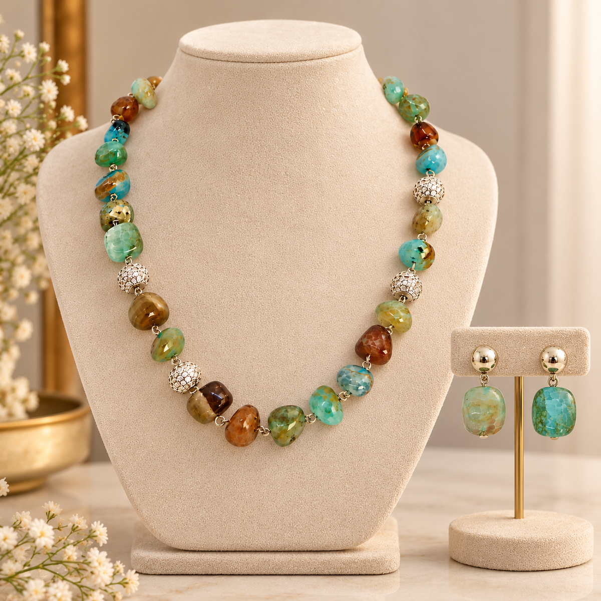 Aarvika Beaded Necklace Set with Drop Earrings, Sea Green