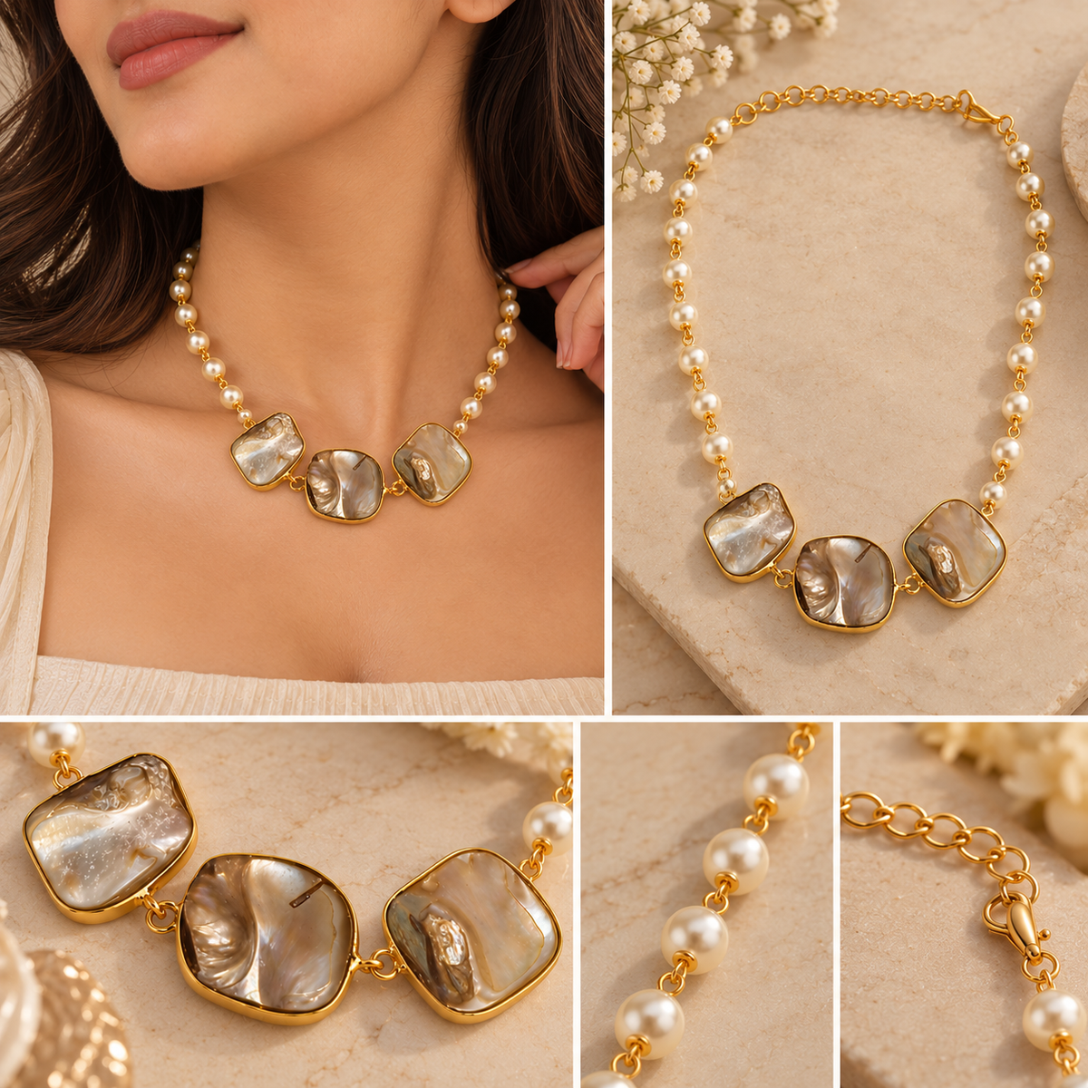 Aarvika Pearl Beaded Statement Necklace with Gold Tone Finish