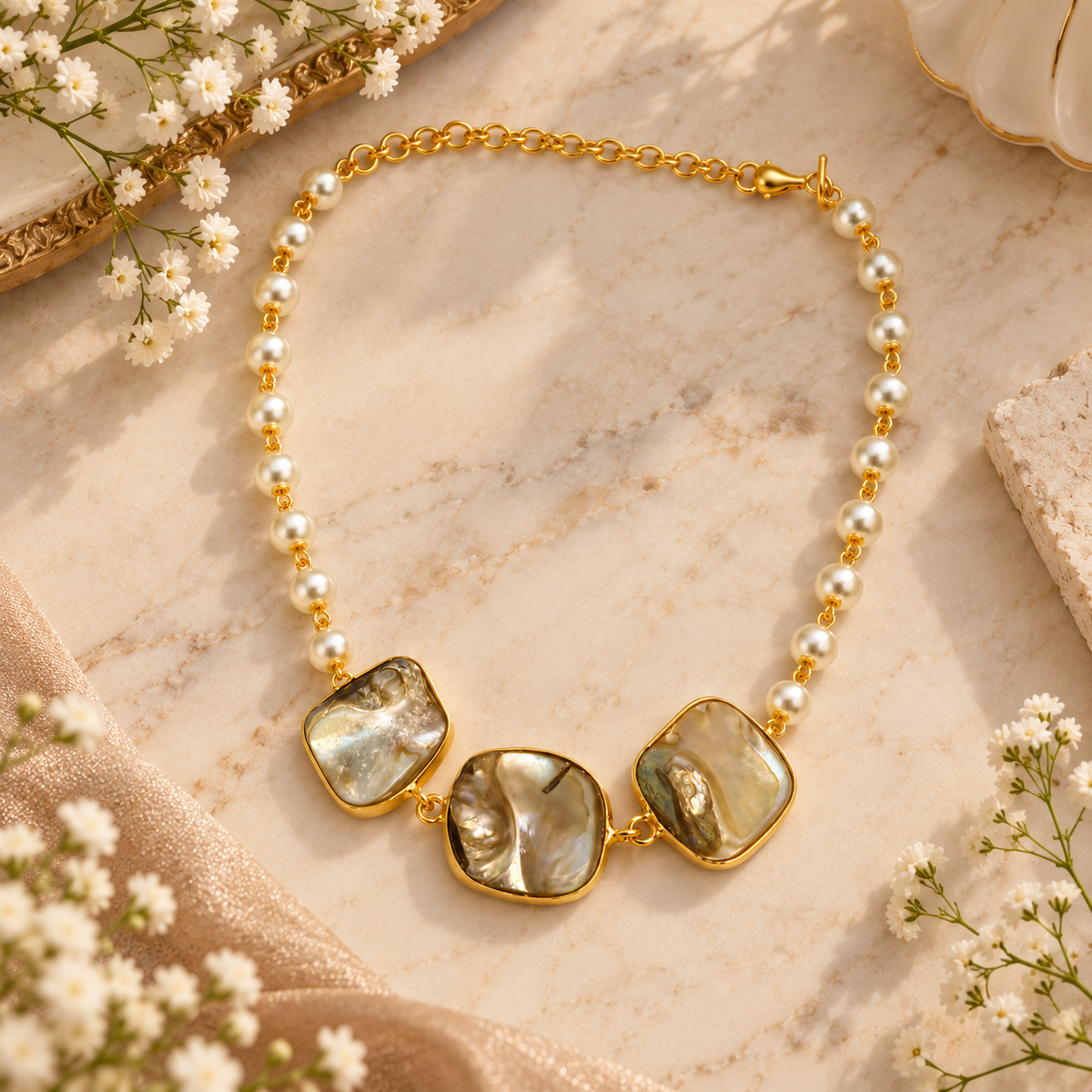 Aarvika Pearl Beaded Statement Necklace with Gold Tone Finish