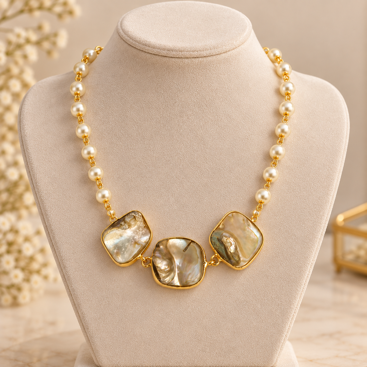 Aarvika Pearl Beaded Statement Necklace with Gold Tone Finish