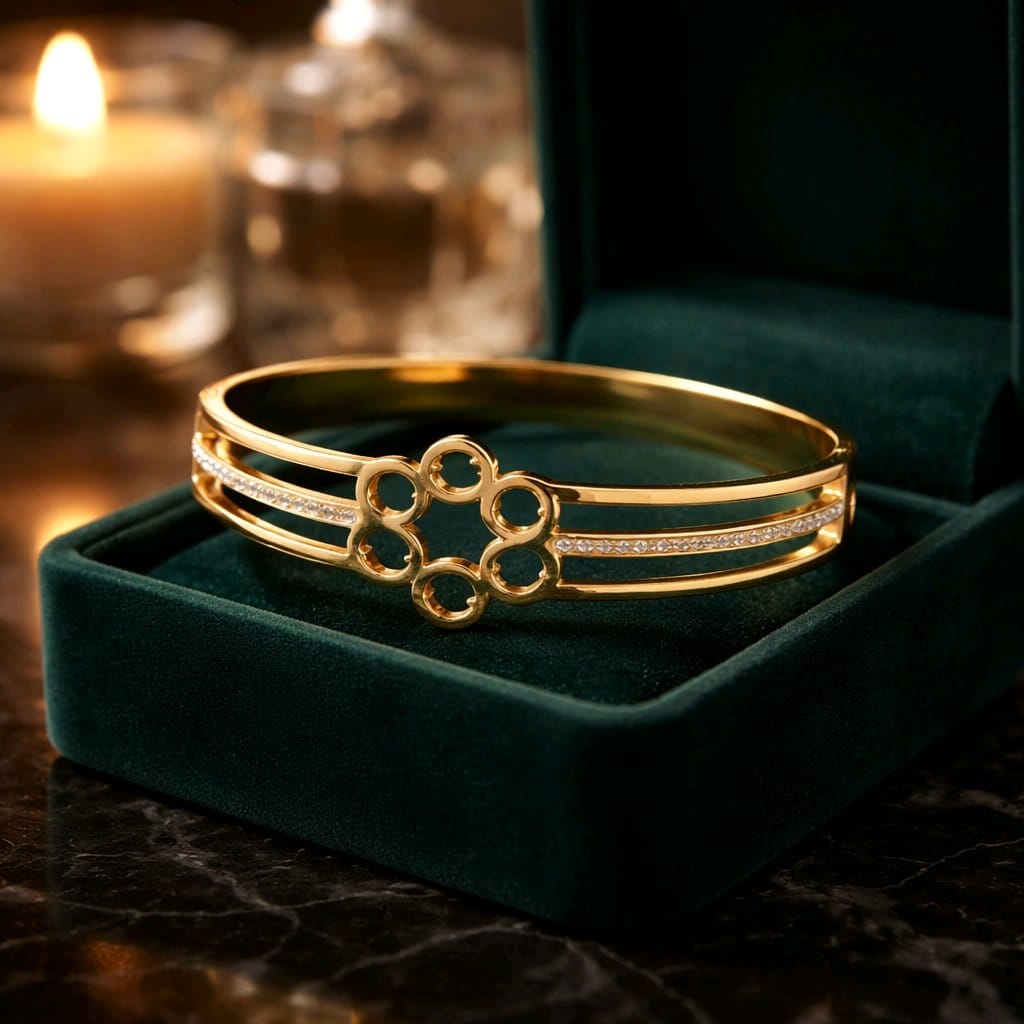 Aarvika Golden Circle Line Bracelet – model wearing