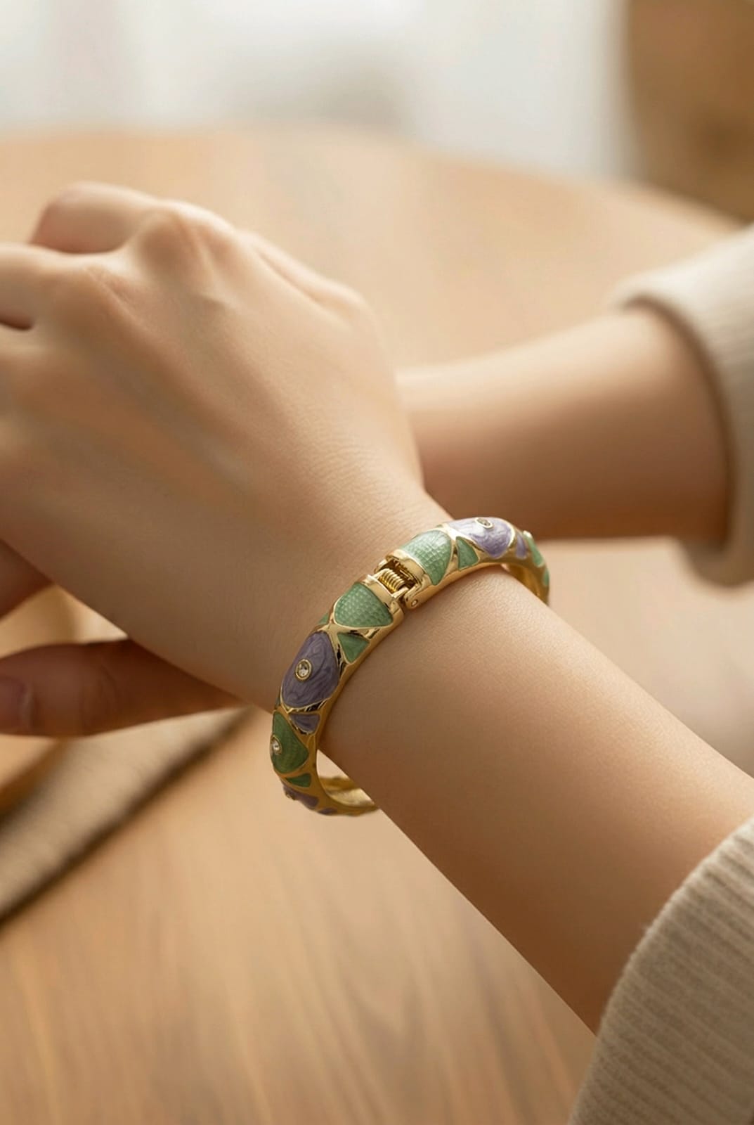 Aarvika Pastel Enamel Gold Bangle – model wearing