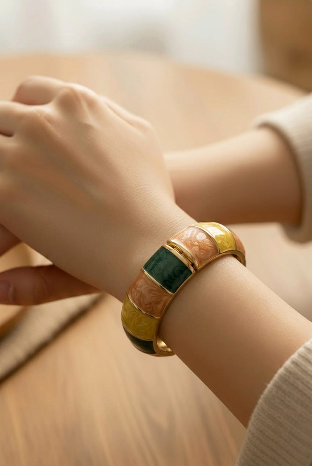 Aarvika Multicolor Enamel Gold Bangle – model wearing