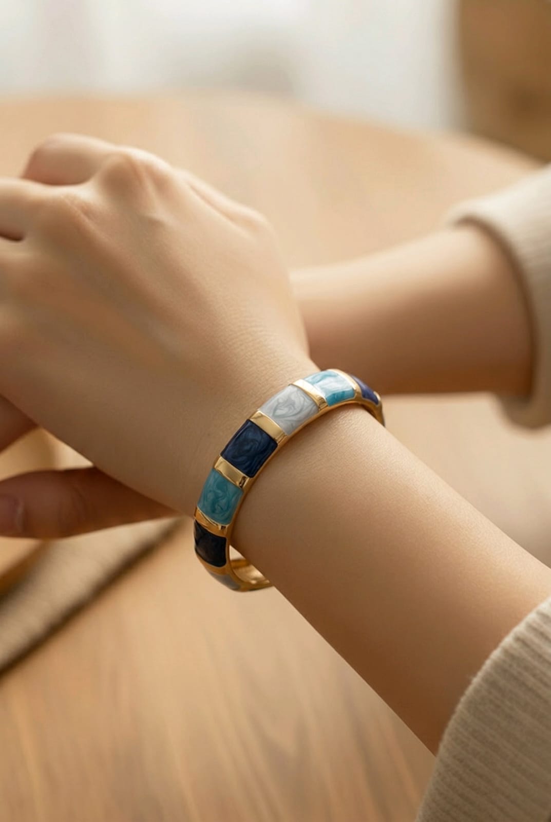 Aarvika Blue Enamel Gold Bangle – model wearing