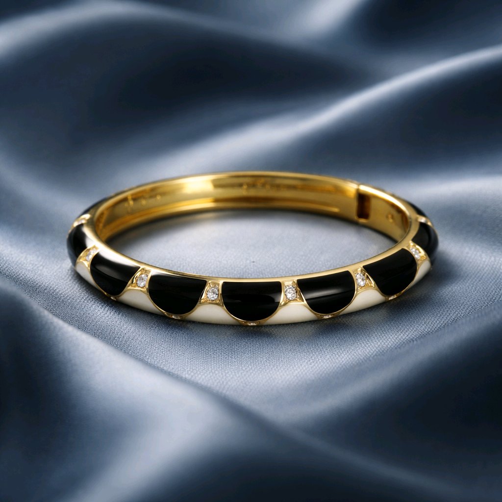 Aarvika CZ Crystal Black & Ivory Enamel Gold Bangle – model wearing