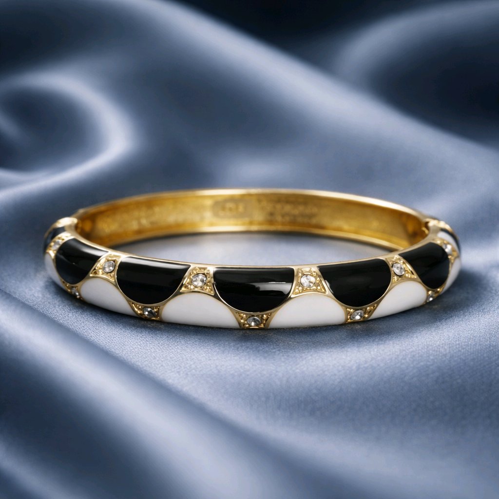 Aarvika CZ Crystal Black & Ivory Enamel Gold Bangle – close-up detail