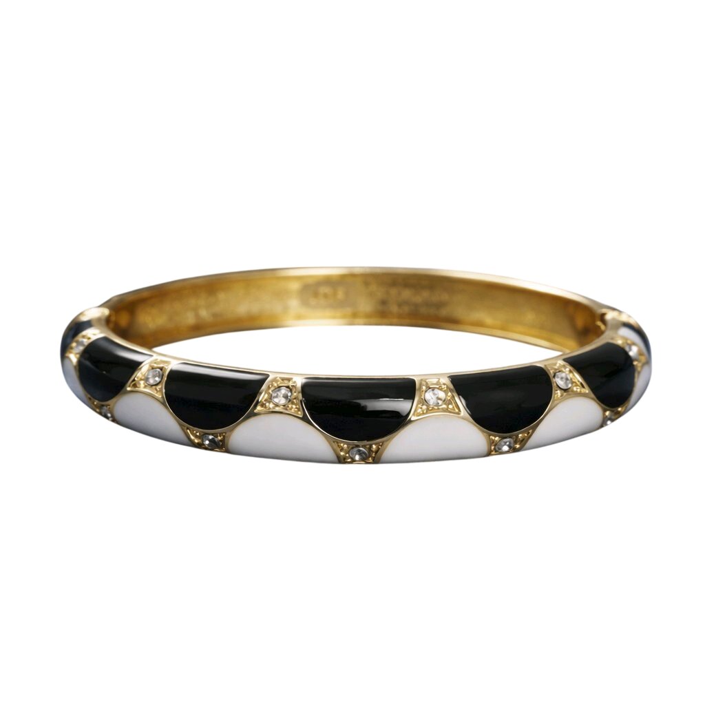 Aarvika CZ Crystal Black & Ivory Enamel Gold Bangle – flat lay