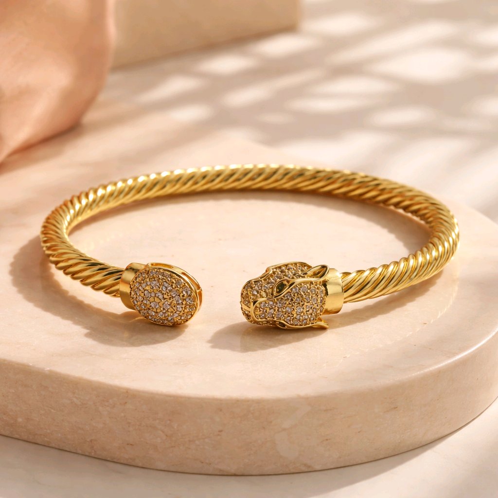 Aarvika CZ Crystal Gold Twisted Cable Panther Bracelet – front view