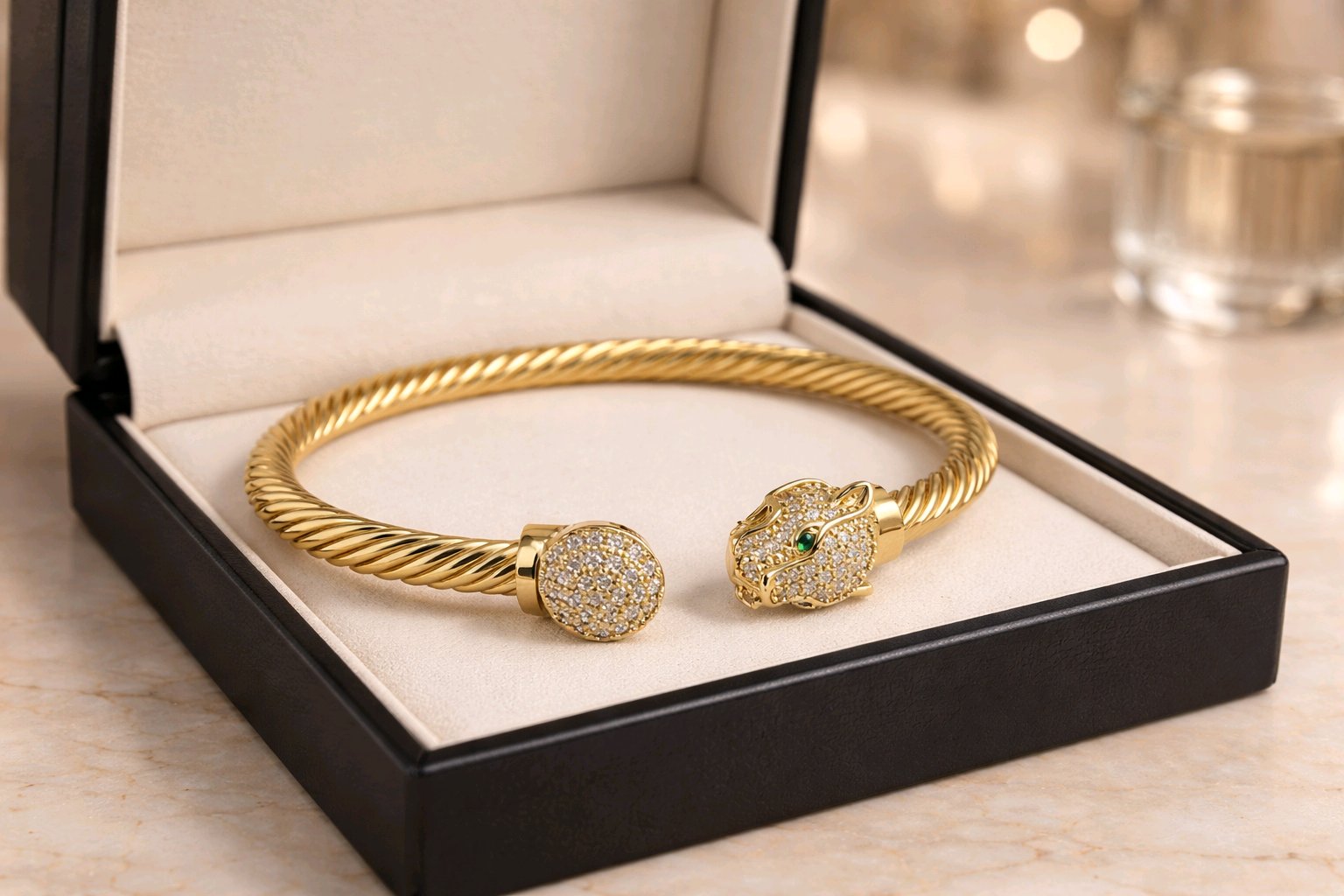 Aarvika CZ Crystal Gold Twisted Cable Panther Bracelet – side view