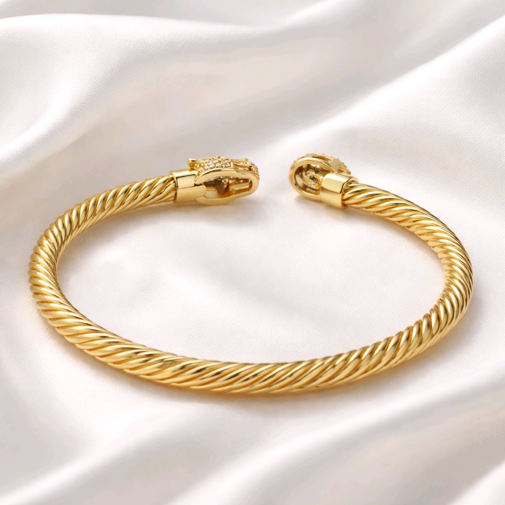 Aarvika CZ Crystal Gold Twisted Cable Panther Bracelet – model wearing